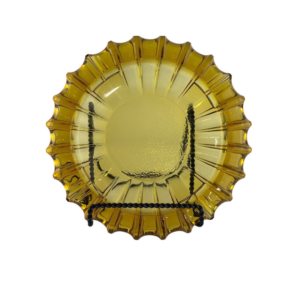 Vintage Amber Pressed Glass Ribbed Ashtray 10 Inch Pebbled Center Mid Century